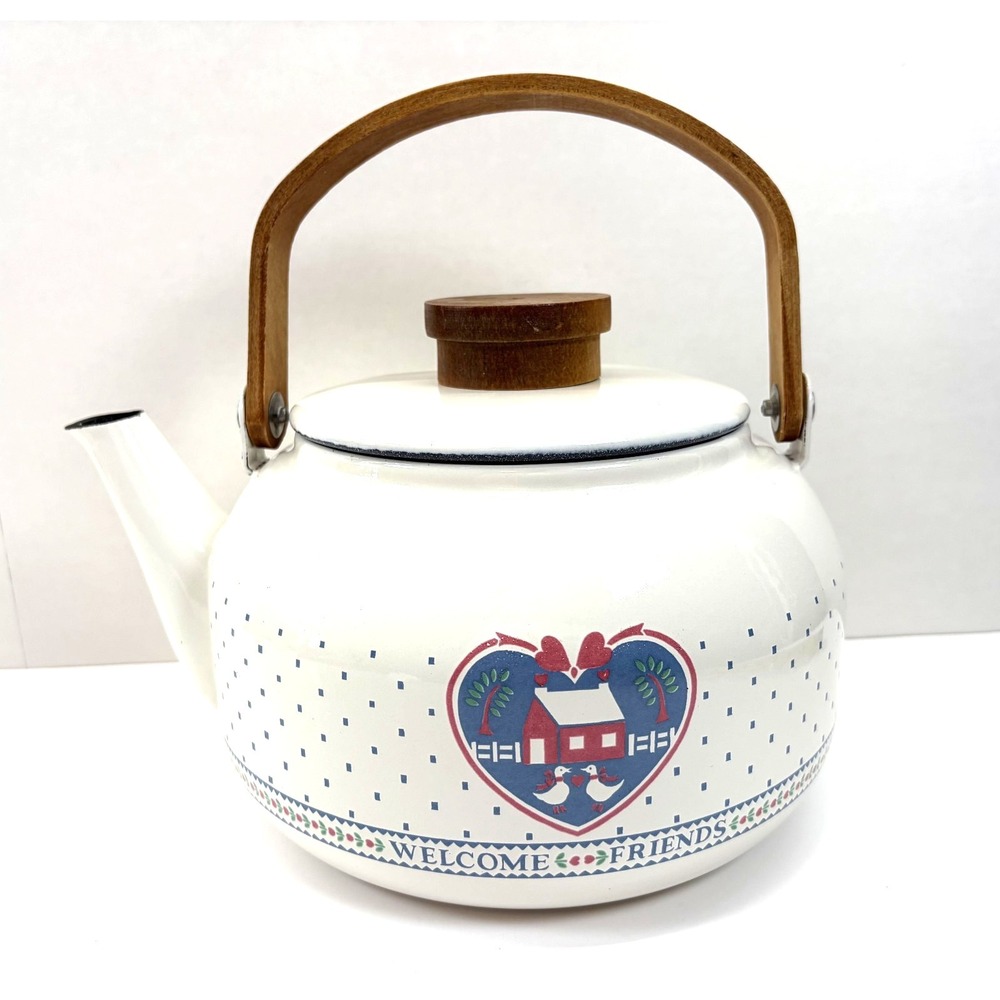 VTG B&D Tea Kettle 2Qt Cottagecore Heart Geese Enamel Wood Handle Granny HTF EUC